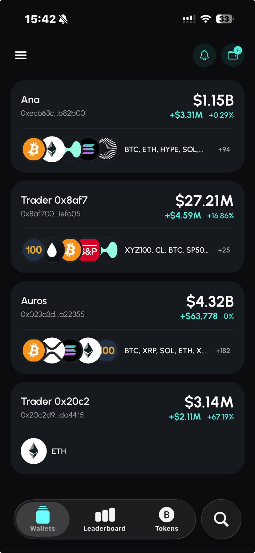HyperTracker app showing Hyperliquid wallet portfolio tracking with real-time PnL